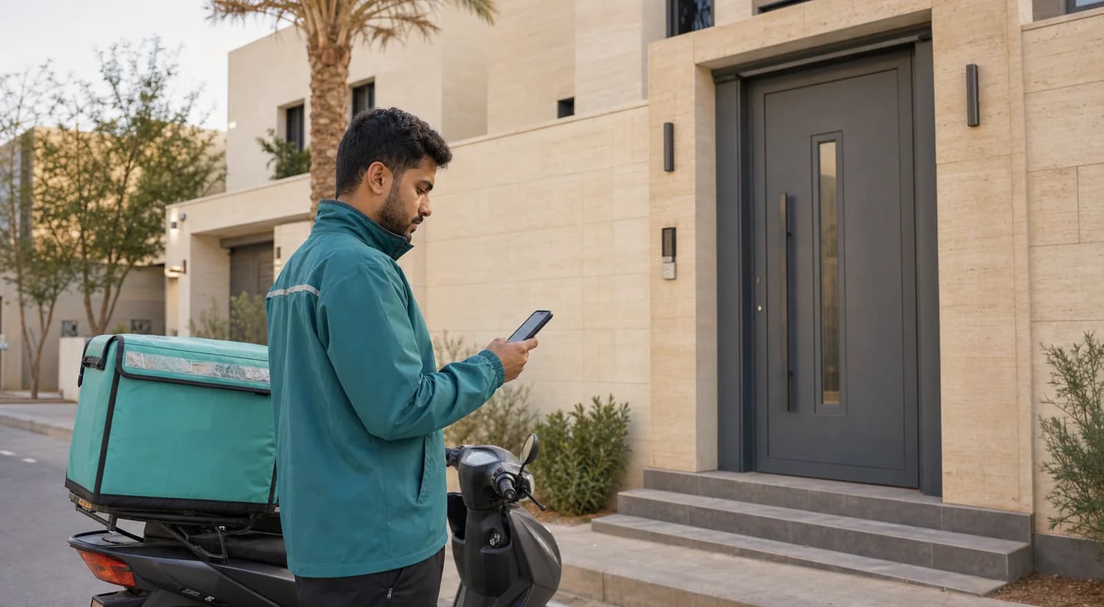 A delivery driver confirming the correct home entrance on his phone