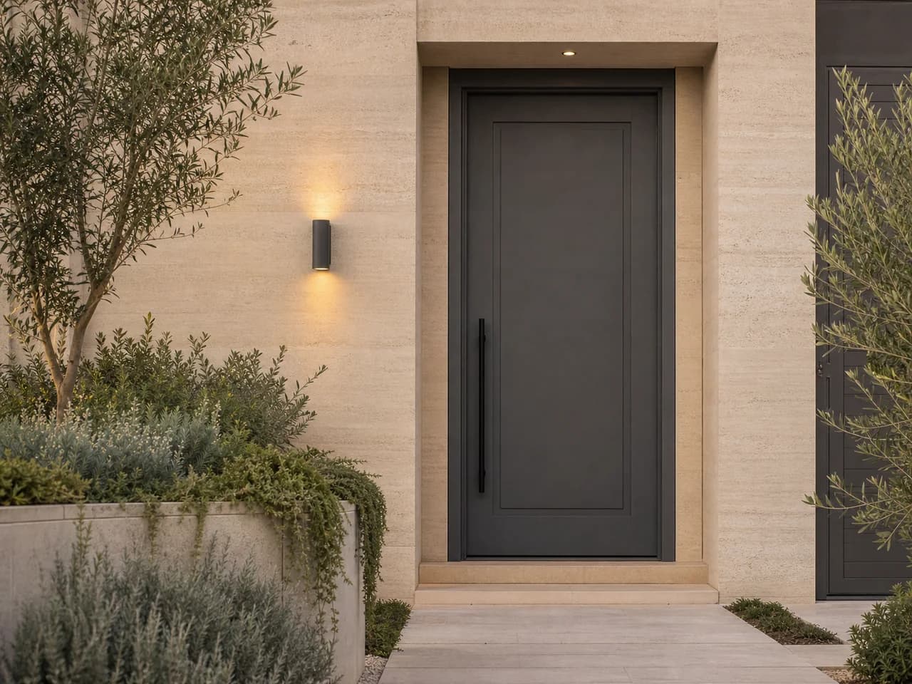 The distinctive gray entrance door